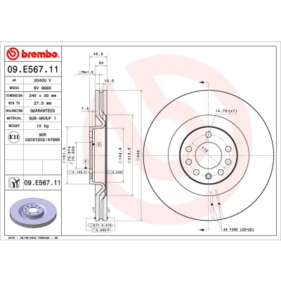 Imagen de BREMBO 09.E567.11 Disco de freno 345 30 7 ventilación interna revestido OPEL: Vectra C Berlina, CC, Caravan, SAAB: 9 3 Berlina