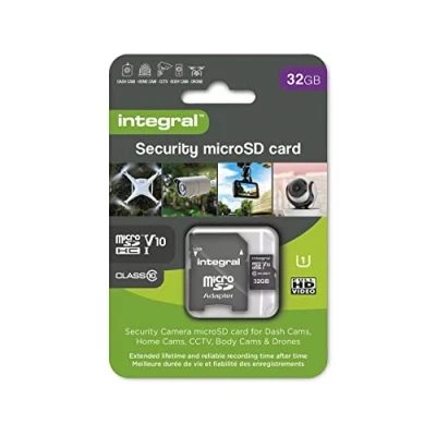 Imagen de Integral tarjeta de seguridad Micro SD 32GB para dash cams cámaras domésticas CCTV corporales y drones. Vida útil prolongada grabación confianza en todo momento alta resistencia