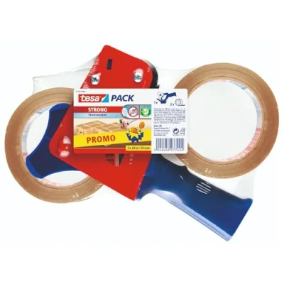 Imagen de tesa Dispensador de Cintas Embalaje y tesapack Fuerte en Set, 2 Alta Calidad para Embalajes con 1 Dispensador, Transparente, 66 m x 50 mm