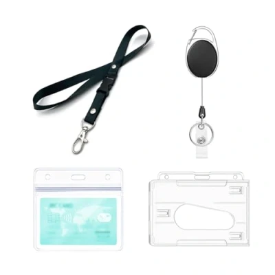 Imagen de Porta cordón retráctil, con portatarjetas, 4 piezas incluye clip carrete, cordón, Diáfano, a Prueba agua,para Tarjeta tráfico/ crédito (1 Set)