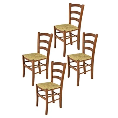 Imagen de t m c s Tommychairs Set 4 sillas Venice para Cocina y Comedor, Estructura en Madera de Haya Color Nuez Claro Asiento Paja