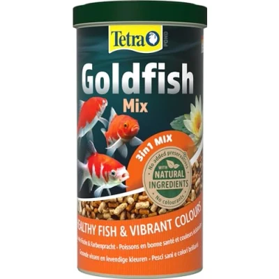 Imagen de Tetra Pond Goldfish, Alimento para carpines dorados y peces de agua fría, mezcla 3en1 con escamas, sticks gammarus, lata 1 L