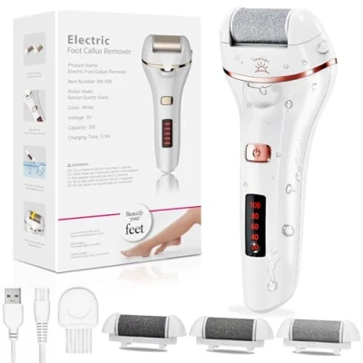 Imagen de Lima Eléctrica Pies Durezas, Aottom Pedicura Electrico las Quita Durezas Eliminar Callos Herramientas de Poderoso Recargables Profesional con 3 Diamond Rodillos IPX7 Impermeable