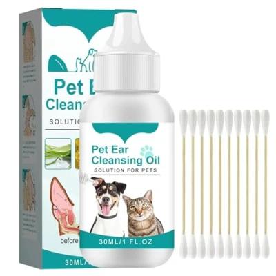 Imagen de JJHXM 30ML Limpiador oidos Perros con Hisopos De Algodón,Limpiador para Orejas Y Gatos,Cuidado los oídos Perros,Gotas Limpiadoras Perros,para Limpia Protege