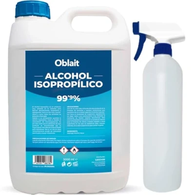 Imagen de Alcohol Isopropílico 99,9% Puro 5L + Botella Spray Rellenable 500 ml Isopropanol Limpieza de Componentes Electrónicos y Superficies