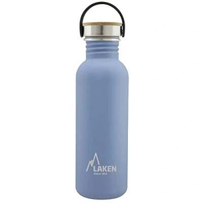 Imagen de LAKEN Botella Agua Acero Inoxidable con Tapón Bamboo y Boca Ancha, (0,75L Azul) Reutilizable, Ideal para Montaña, Camping, Deportes más