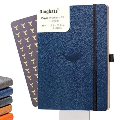 Imagen de Dingbats* Cuaderno A5 de rayas y tapas blandas Páginas a prueba sangrado Experiencia versátil bloc notas, Piel vegana, Marcapáginas, Portabolígrafos (Animales silvestres Ballena azul)