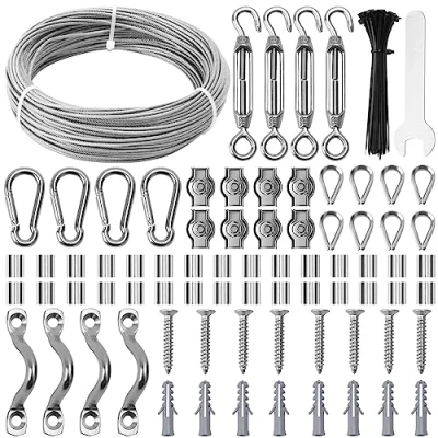 Imagen de 134 Kit de Cuerda Acero Inoxidable, 30m Φ2mm con Tensores Alambre/Ganchos/Abrazadera Cable, para Suspensión Cuerda,Tendedero, Toldos, Soporte Planta, Luces Led