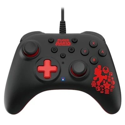 Imagen de Mando Nintendo Switch Hori Turbo Super Mario, Para Switch, Con Cable, Negro y Rojo