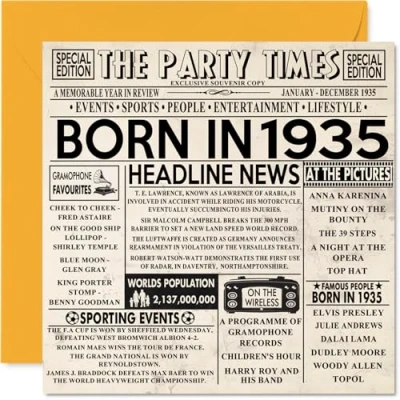 Imagen de Tarjetas de cumpleaños número 89 para hombres y mujeres Born In 1935 Newspaper Tarjeta feliz abuelo, abuela, vintage, retro en 1935, 145 mm x mm,