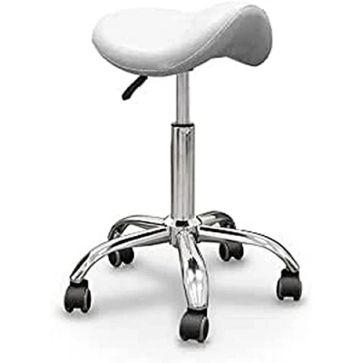 Imagen de QUIRUMED Taburete Pony, Base cromada con 5 Ruedas, Color Blanco, Ergonómico, Ligero, Altura Regulable, Relleno de Alta Densidad, Polipiel, hasta 150 kg
