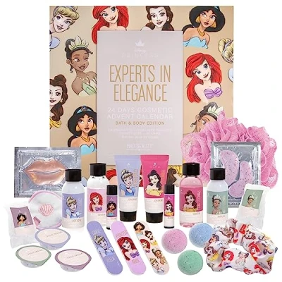 Imagen de MAD Beauty Calendario de Adviento Princesas Disney con 24 Productos Maquillaje y Cosmética, Mascarilla Facial, Loción Corporal, Banda elástica para el cabello