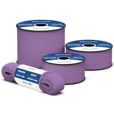 Imagen de Brotree 550 Paracord 4mm 15m Cuerda Paracaidas 100% Poliéster Tipo III 7 Hebras para Al Aire Libre, Exterior, Supervivencia Lila Claro