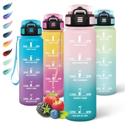 Imagen de Motswedi Botella Agua Gimnasio, 1000ml sin BPA, Agua, Reutilizable, con Marcador de Tiempo, Cantimplora para Oficina, Escuela, Yoga, Verde Rosa