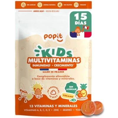 Imagen de POP IT Multivitaminas niños (+4 años) y Adolescentes Vitaminas Gominolas Sin Azucar, Sabor Tropical, Vegano para con Vitamina A, C B, D, E 30 unidades