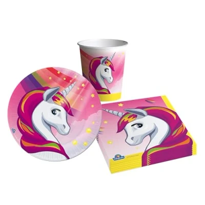 Imagen de Kit Vajilla de Fiesta unicornio Unicorn para 8 personas (36 pcs: platos Ø18cm, vasos 250ml, 20 servilletas 33x33cm) papel compostable eco friendly