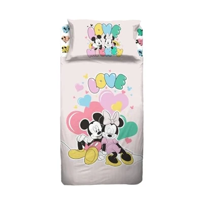 Imagen de Disney Mickey y Minnie Mouse Juego de sábanas para Cama Individual, Individual Disney, sábana encimera, Bajera Ajustable, Funda Almohada, Rosa, 100% algodón, Producto
