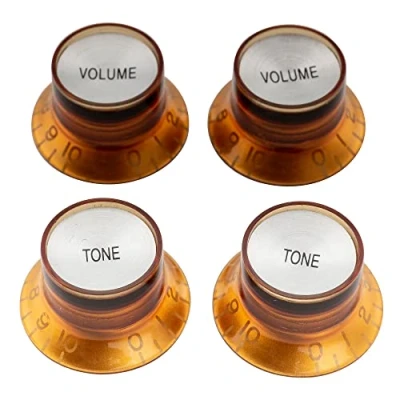 Imagen de Musiclily Pro Tamaño Pulgadas Botones de Potenciómetros Reflector 2 Volumen Tono Perillas Set para Guitarra Eléctrica USA Made Les Paul SG, Ámbar con Plata Top