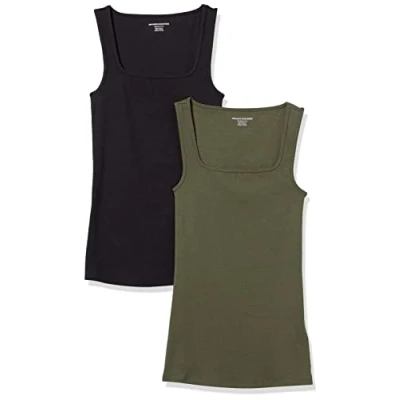 Imagen de Amazon Essentials Camiseta sin Mangas con Cuello Cuadrado y Corte Ajustado Mujer, Pack de 2, Negro/Verde Oliva Oscuro, XXL