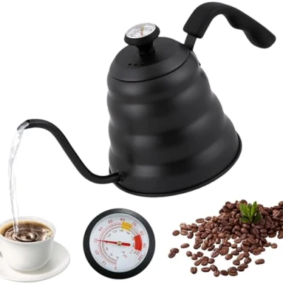 Imagen de hervidor de agua cuello cisne con termómetro, 1200 ml/40 oz, acero inoxidable, café, cisne, para placas gas e inducción, fácil limpiar, color negro