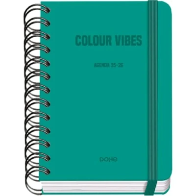 Imagen de Dohe Agenda Escolar 2025 2026 Día Página, Tamaño A6 (12x17 cm), Español e Inglés, Cierre de Espiral Doble y Goma, Tapa Dura, 4 Páginas Pegatinas COLOUR VIBES Verde