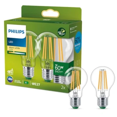 Imagen de Philips Lighting Bombilla LED Ultraeficiente Filamento, 4 W Equivalente a 60 W, E27 A60, Luz Cálida 2700K, Eficiencia Energética A, Pack de 2 unidades