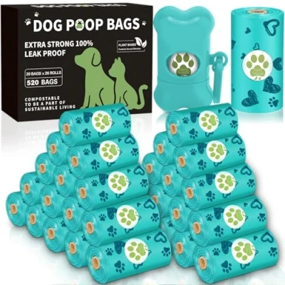 Imagen de RDDAIPE Bolsas Caca Perro 520 Unidades/26 Rollos con 1 Dispensador, Para Excrementos de Perro, Fuertess Caca, Extra Grueso, a Prueba Fugas, Azul