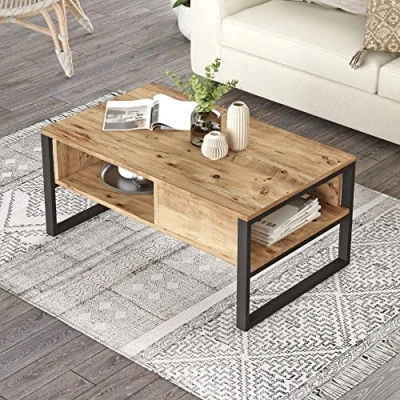 Imagen de Mesa de Centro Auxiliar con 2 Compartimentos Almacenamiento Café Metal/Aglomerado 100 x 60 45 cm Roble Rústico/Negro