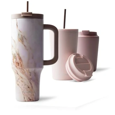 Imagen de MAMEIDO Termo Cafe con Pajita y Asa 1200ml Vaso Termico Antigoteo, Taza Termica acero inox sin BPA, para llevar (Pearl Marble, 1,2l)
