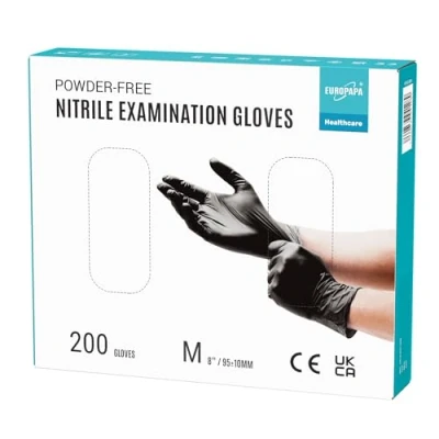 Imagen de EUROPAPA® 200 Guantes De Nitrilo Desechables Que Cumplen Las Normas EN455 EN374, Sin Polvo Ni LÁTex, Disponibles En Tallas S, M, L Y XL (M, Negro)