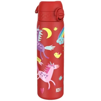 Imagen de ion8 Botella de Agua Acero Inoxidable, 600ml, a Prueba Fugas, Fácil Abrir, Aptas para Lavavajillas, Cerradura Segura, Asa Transporte, Limpiar, Diseño en Relieve, Unicornios Rojo