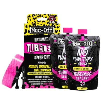 Imagen de Muc Off Ultimate Tubeless Setup Kit Sellador de Neumáticos para Reparación Rueda Bicicleta Tubeless, Road/Gravel/CX 44 mm Con Fondo Llanta, Parches, Válvulas y Ruedas
