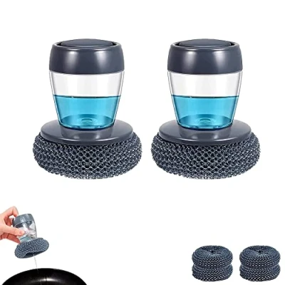 Imagen de 2ud Cepillo con Dispensador de Jabón para la Cocina. Estropajo Fregado y Limpieza Utensilios, Vajilla, Ollas, Sartenes. Material PET Antiadherente 4 Esponjas Recambio.