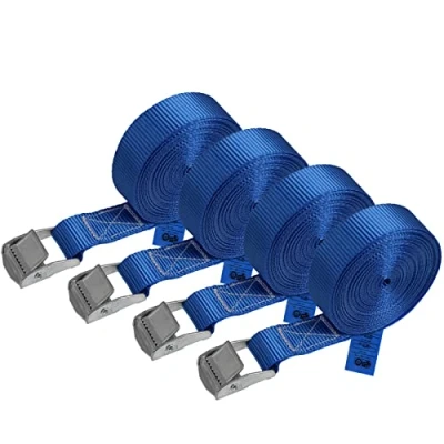Imagen de Correa de amarre cinturón con hebilla azul 1m 2,5m 4m 6m diferentes cantidades resistente a 250 kg DIN EN 12195 2, 4 piezas 2.5 cm x 6 m