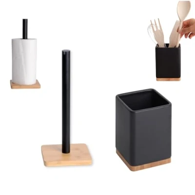 Imagen de KOOK TIME Set de Accesorios Cocina Incluye Porta Utensilios y Rollos Papel bambú, cerámica Metal Negro Mate bambú