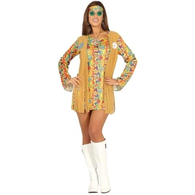 Imagen de FIESTAS GUIRCA Hippie Encantadora Disfraz para Mujer Años 70 Conjunto de Vestido Corto 60 Flower Power Talla XL 46 48