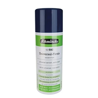 Imagen de Schmincke barniz universal satinado, aerosol, 400 ml, 50 592 042, de acabado para óleo, acrílico y otras técnicas pintura, resina sintética con protección UV, incoloro