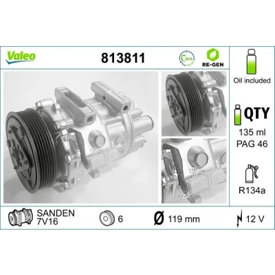 Imagen de VALEO 813811 compresor de Aire Acondicionado 7V16 12 PAG 46 R 134 a con aceite REFERENCIA RENOVADA PEUGEOT: Expert II Tepee, 807