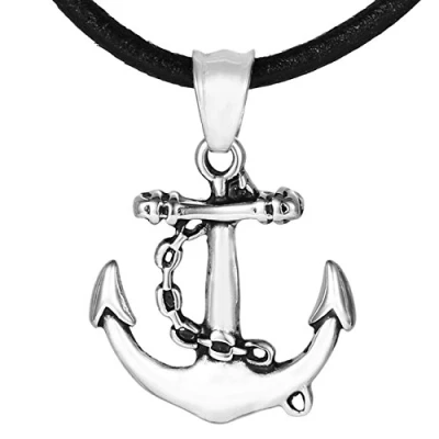 Imagen de DonDon Collar de Cuero con Colgante Ancla Acero Inoxidable para Hombres en Bolsa Joyas