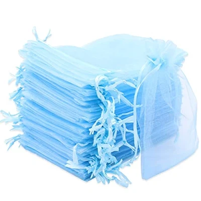 Imagen de Leeyunbee 100PCS 10x15cm Bolsa de Organza Azul Claro, Bolsitas Organza, Bolsas para Envoltura Joyas, Regalo con Cordón Boda Favores Joyas y Dulces