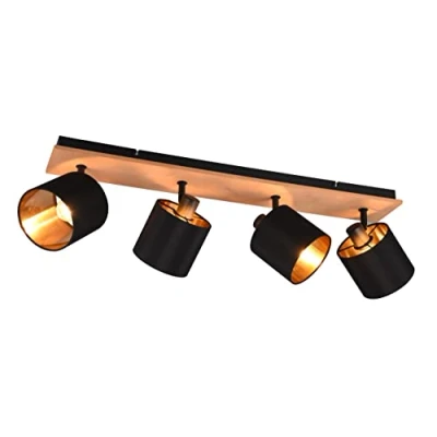 Imagen de Reality Leuchten Tommy downlight de techo, madera/negro/oro, longitud 72 cm, 4 luces.