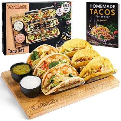 Imagen de Tortillada Juego de soporte para tacos/Hotdog hecho acero inoxidable hasta 6 tacos incl. bandeja servicio hecha madera, tazones inmersión cerámica y libro recetas
