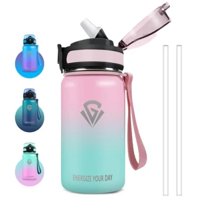Imagen de Grsta Botella Agua, Agua Niños sin BPA, Termica, Fácil de Limpiar, con Pajita a Prueba Fugas, Acero Inoxidable 500ml, para Escuela, Gym, Oficina, Outdoor