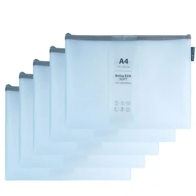 Imagen de Grafoplas Pack de 5 Bolsas con Cremallera EVA Soft a4, Azul Pastel, Tacto Suave, Zipper Bags Hechas Goma Transparente, Ideal para Transportar y Proteger Todo Tipo Artículos Documentos