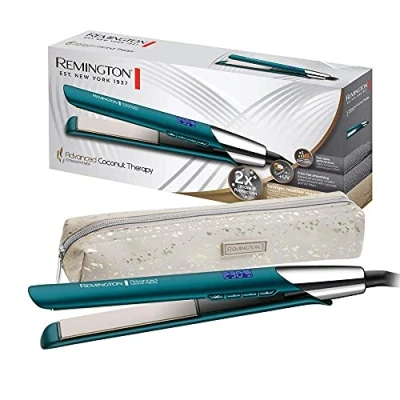 Imagen de Remington Plancha de Pelo Advanced Coconut Therapy, Cerámica Avanzada con Coco y Filtros UV, Placas Flotantes Extralargas, 5 Temperaturas hasta 230C, Digital, S8648, Verde