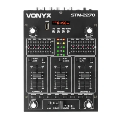 Imagen de Vonyx STM2270 mezclador DJ de 2 canales Bluetooth, audio con reproductor MP3 USB, efectos, crossfader, conexión para micrófono, talkover, DJ, músico, discoteca, bar, hostelería