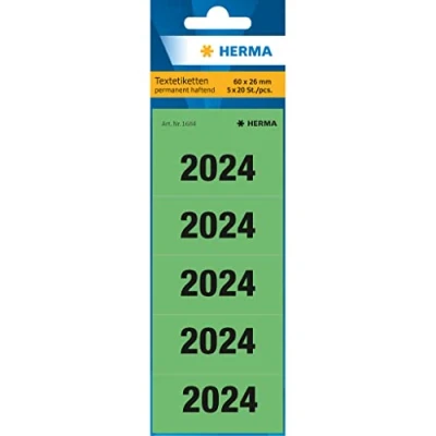 Imagen de HERMA 1684 YearsNumbers pegatinas 2024 para carpetas, 100 unidades, 60 x 26 mm, 5 por hoja, autoadhesivas, opacas, etiquetas de texto, mate, adhesivas papel, verdes