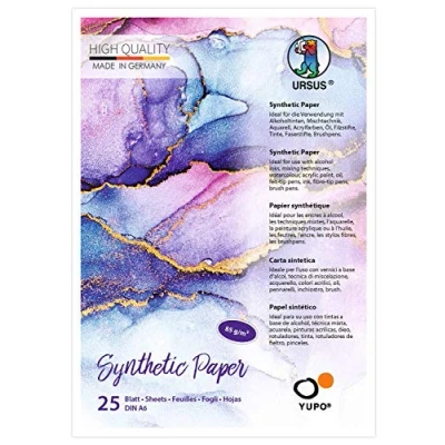 Imagen de URSUS 16266400 Papel sintético Yupo, DIN A6, 25 hojas, 85 g/m², sintético, superficie lisa, resistente al desgarro y agua