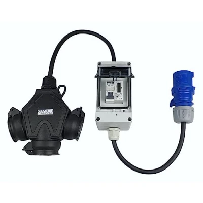 Imagen de RoadEu Adaptador CEE completo con contador Conector 16A 3P a Schuko hembra 3X 230V Cable 3x2 5mm2 alargador de 1 metro electricidad. IP44