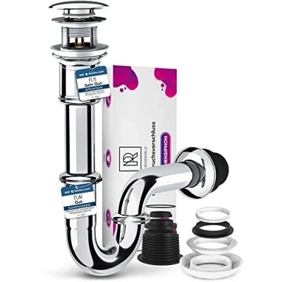 Imagen de Sifon Lavabo de Baño con Valvula Desague Cromado 1 1/4 Pulgadas (32mm) Acero Inox y Latón Sifón Tapón Click Clack